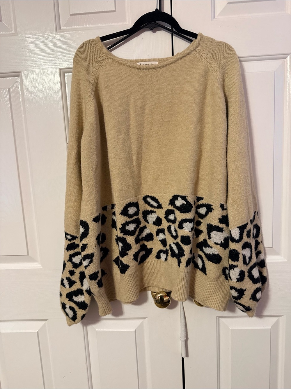 Impressions Beige Sweater with Black and Cream Leopard Border